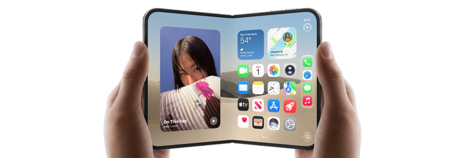 Two hands holding an open foldable phone showing a Superfan storefront