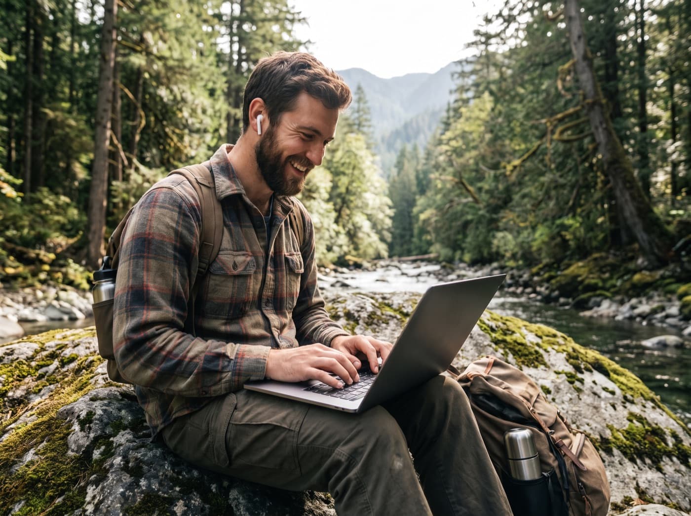 Creator working on a laptop by a forest river
